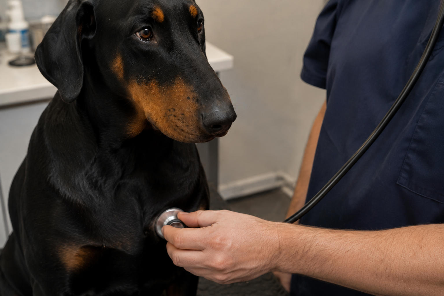 Veterinář kontroluje srdce dobrmana před plánovaným odstraněním lipomu